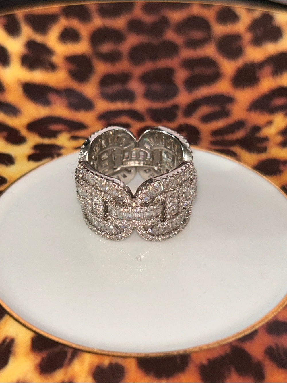 Sparkling Silver Crisscross Pavé Wide Band Ring